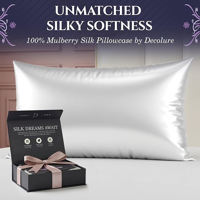 DECOLURE 100% Pure Mulberry Silk Pillow Case Queen Size – Highest Grade 30 Momme 6A+, Luxuriously Soft & Cooling Silk Pillowcase for Hair & Skin, Hypoallergenic, Breathable, Hidden Zipper (White)