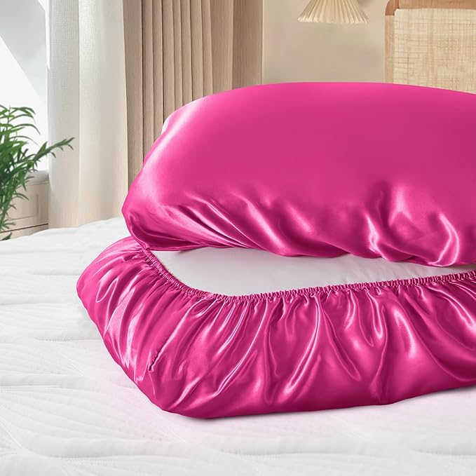 SiinvdaBZX Hot Pink Satin Pillowcase Standard/Queen Size Set of 2, Silky Travel Elastic Band Satin Pillow Case for Hair and Skin, Soft Portable & Fit for Various Pillow