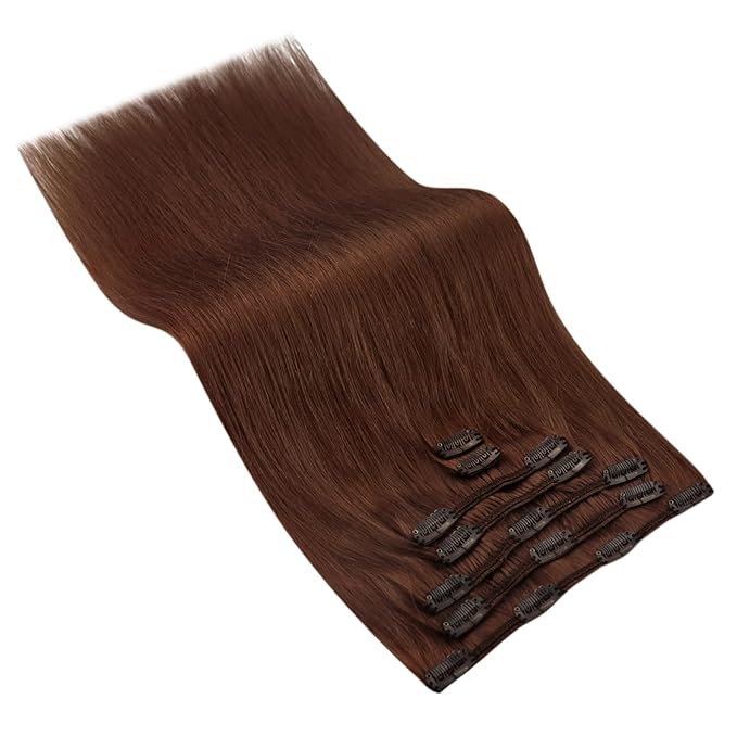 Ve Sunny Clip in Hair Extensions Real Human Hair Dark Auburn Red Remy Human Hair Clip in Extensions Full Head Straight Real Hair Extensions For Women 7pcs 120g 18 inch