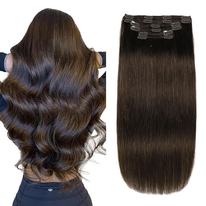 XDhair Clip in Hair Extensions Real Human Hair, 120G 6 Pcs Human Hair Clip in Extensions,Dark Brown Hair Extension Silky Straight #2 18 Inch