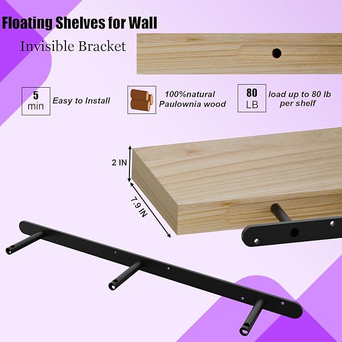 IAE Floating Wall Shelves 72 inch,Bathroom Shelves Wall Mounted,Invisible Shelves Floating Kitchen Shelves,Wooden Wall Shelves with Brackets for Living Room Wall Mounted,Easy Install,Set of 2,Natural