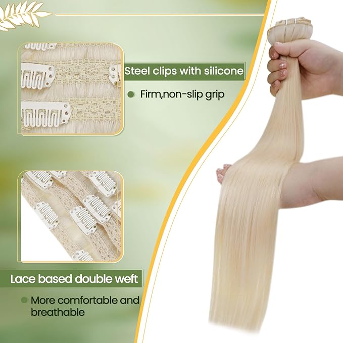 RUNATURE Blonde Clip in Hair Extensions Real Human Hair 18 Inch 120g 7pcs Real Hair Extensions Clip Ins Human Hair Extensions Clip in Double Weft Straight Hair #60 Platinum Blonde