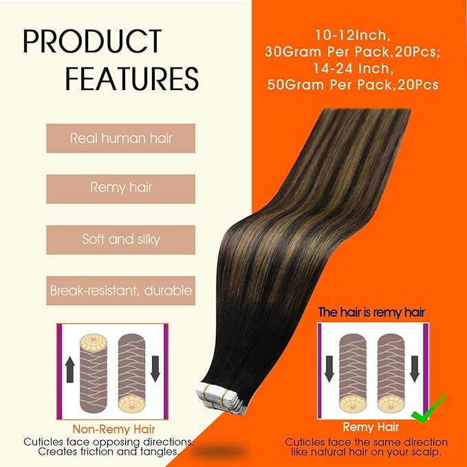 Full Shine Hair Extensions Tape in Color 1B Off Black Ombre 6 Brown And Black Tape in Hair Extensions Human Hair 18 Inch Remy Human Extension 50Gram Double Sided Tapes Add Length 20Pcs Soft