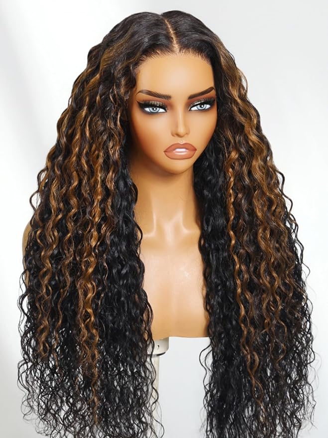 Julia Hair Ombre Brown Water Wave Glueless Wig Human Hair 7x5 HD Lace Closure with Invisible Drawstring Pre Plucked Bleached Highlight Balayage Colored Curly Wigs Put On And Go 16 Inch