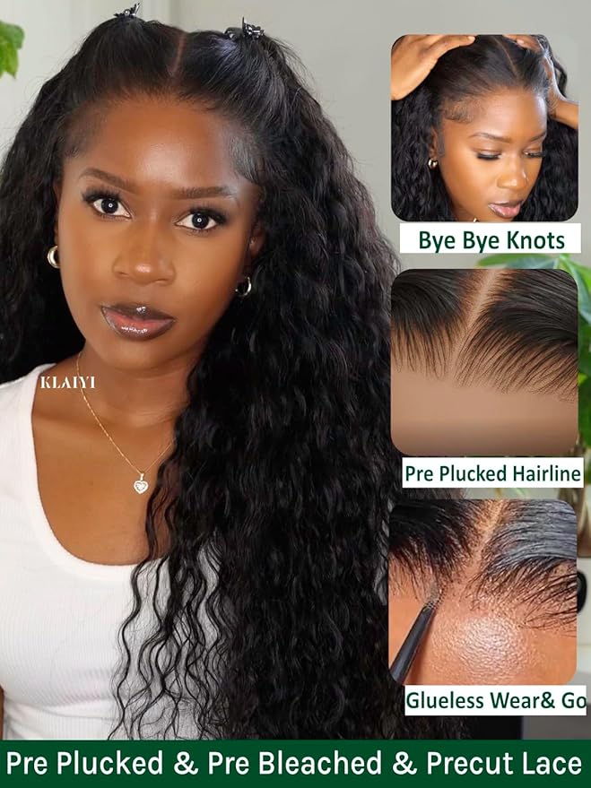 KLAIYI Water Wave Pre Cut 360 Full Lace Frontal Glueless Wig Human Hair Drawstring Pre Plucked Bleached Bye Bye Knots Pre Everything Ready to Wear And Go Curly Beginner Wig with Baby Hair 180% 24Inch