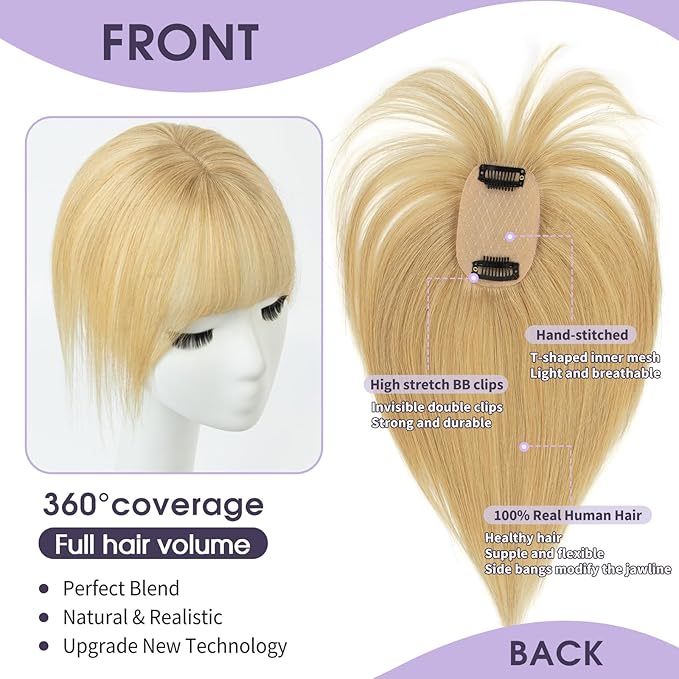 Real Human Hair Topper with Bangs Covers Thinning Crown, Receding Hairline Clip-In Hair Topper for Thinning Hair, 10Inch #27