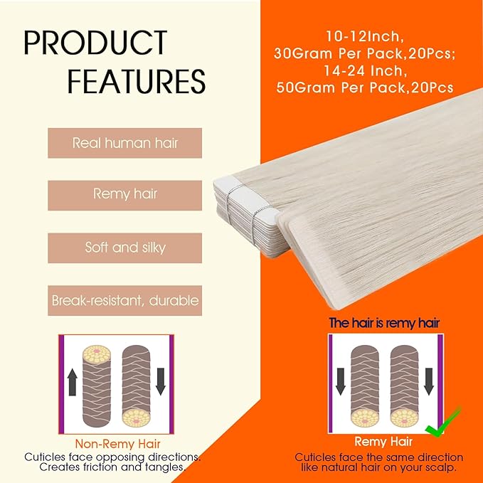 Full Shine Blonde Injected Tape in Hair Extensions Human Hair Color 1000 Ice Blonde Injection Tape in Extensions Protect Natural Extension 16Inch 40G 20Pcs Seamless Invisible Skin Weft