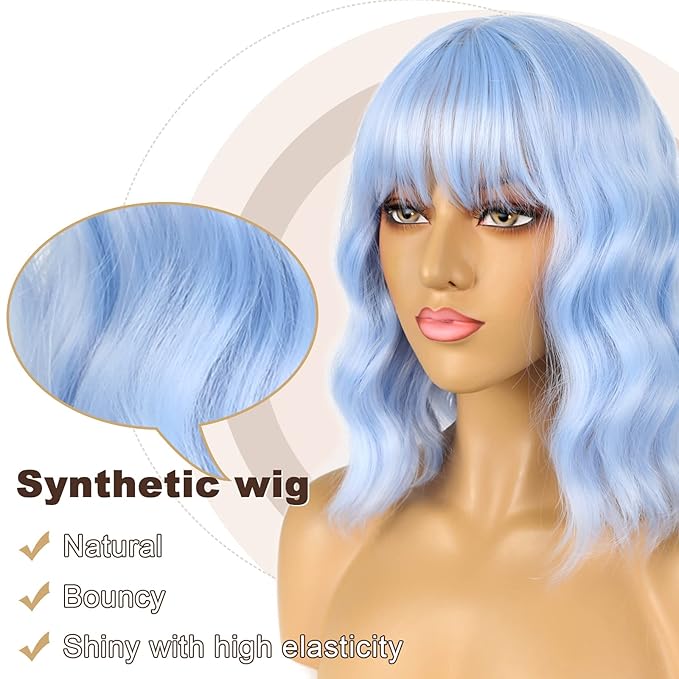 Short Bob Wigs with Bangs for Women Loose Wavy Wig Curly Wavy Shoulder Length Bob Synthetic Cosplay Wig for Girl Colorful Costume Wigs (Light Blue)
