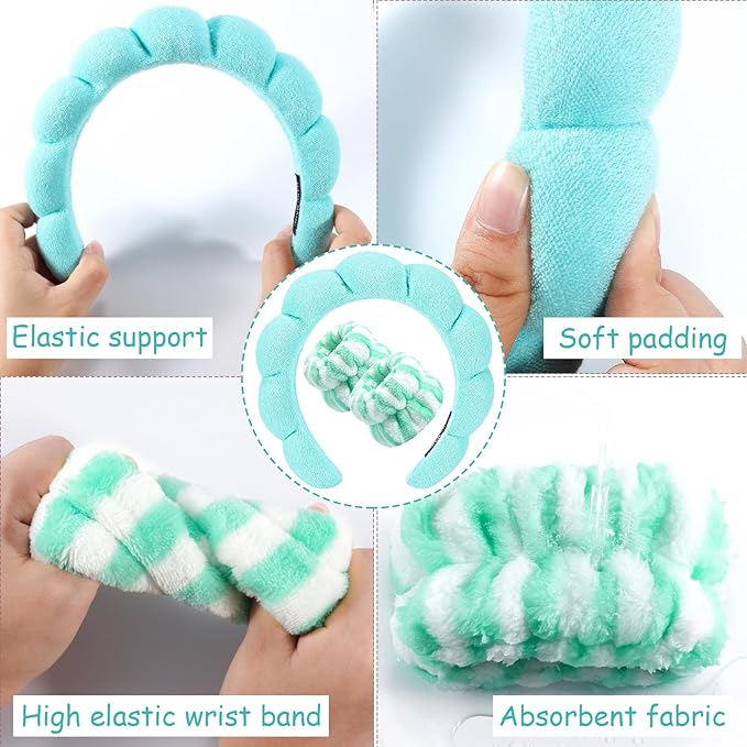 Zkptops Spa Headband for Washing Face Wristband Set Sponge Makeup Skincare Headband Terry Cloth Bubble Soft Get Ready Hairband for Women Puffy Padded Headwear Non Slip Thick Hair Accessory(Turquoise)