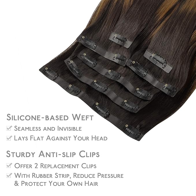 WENNALIFE Seamless Clip In Hair Extensions, 22 Inch 150g 7pcs Balayage Dark Brown to Chestnut Brown Hair Extensions Clip in Human Hair Invisible PU Skin Weft Natural Remy Human Hair Extensions