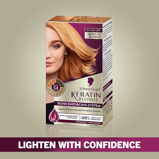 Schwarzkopf Keratin Blonde Hair Dye, 11.7 High Lift Apricot Blonde, Professional Quality Permanent Hair Color, Bond Enforcing System, Pre-Color Serum & Conditioner Included