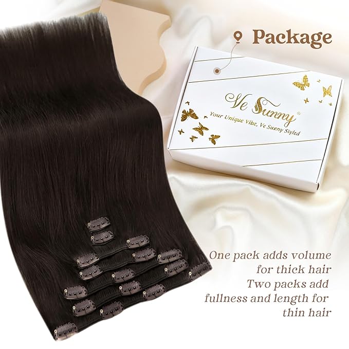 Ve Sunny Human Hair Clip in Extensions Dark Brown Real Hair Extensions Clip in Human Hair Straight Remy Hair Extensions Clip ins Daily Use 16Inch 120g