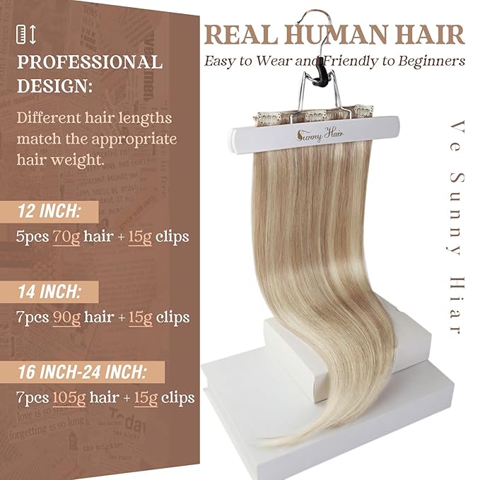 Ve Sunny 24 inch Remy Clip in Hair Extensions Long Human Hair Extensions Blonde Highlight for Women Warm Color Real Human Hair Clip in Extensions Straight 120g 7pcs