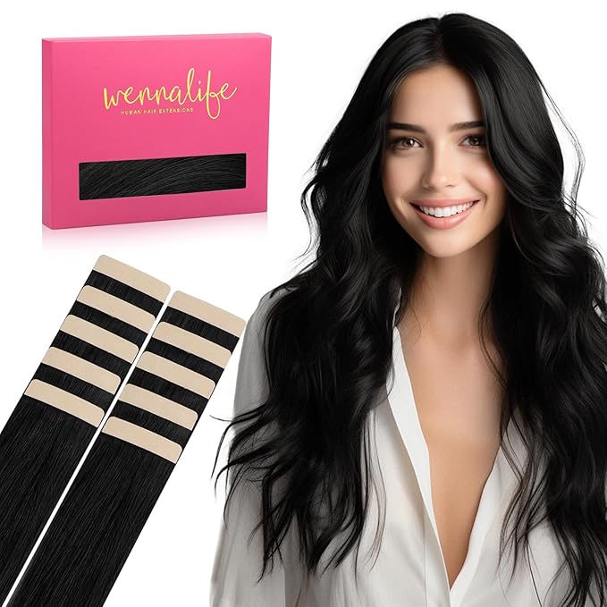 WENNALIFE Tape in Hair Extensions Human Hair Jet Black Tape in Extensions, 10pcs 25g 16 inch Remy Invisible Tape Ins Straight Colored Soft Real Human Hair Tape in Extensions Refill Set Extensions