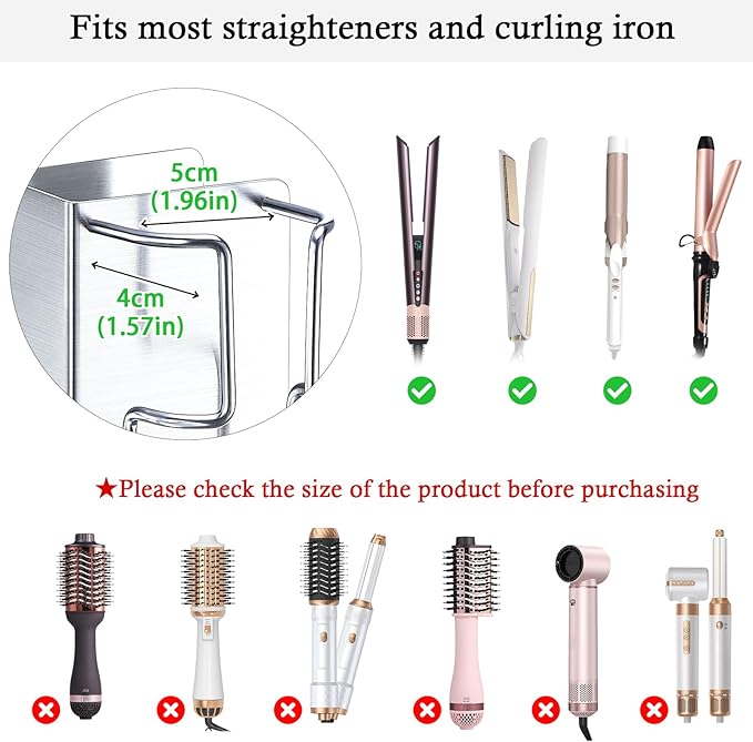 Curling Iron Holder Wall Mount, Hair Straightener Holder with Power Plug Stand, Stainless Steel Hair Tool Organizer for Flat Iron and Hot Tools, Silver