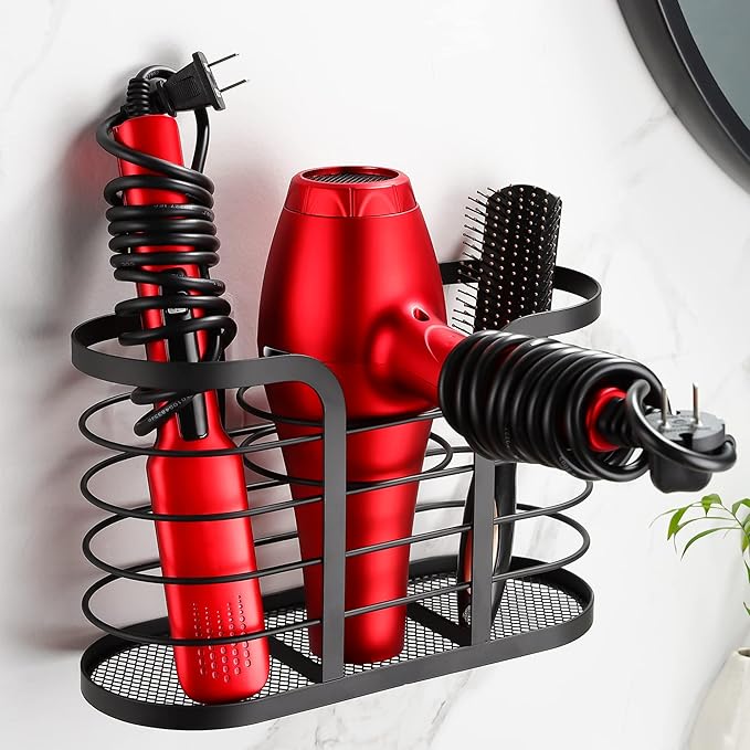 YIGII Hair Dryer Holder - Wall Mount/Adhesive Blow Dryer Holder Bathroom Organizer Hot Tools Organizer for Hair Dryer, Electric Shaver Black