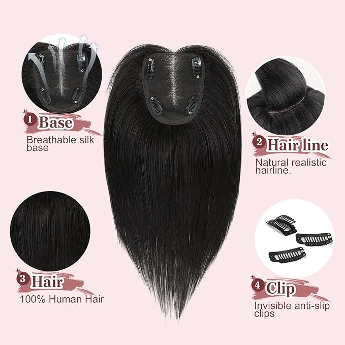 YAMI Hair Toppers for Women with Thinning hair 100% Real Human Hair Toppers 40g Human Hair Toppers for Women Clip In Hair Topper Swiss Base 12inch Medium Brown with Highlight