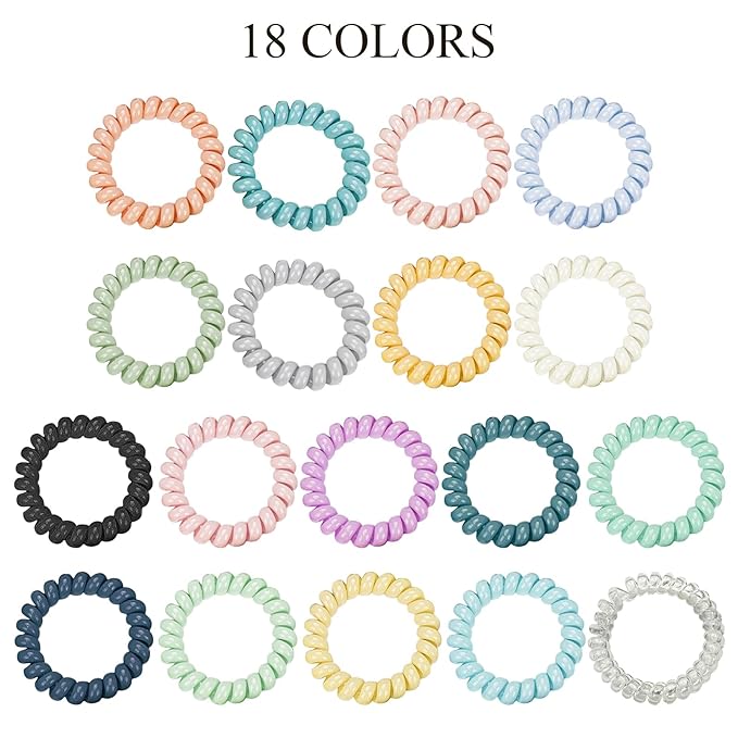 36Pcs (2 Pack of 18) Colorful Spiral Hair Ties, Individually Wrapped Coil Elastics, Phone Cord Ponytail Holders for Thin and Thick Hair, No Damage, No Crease