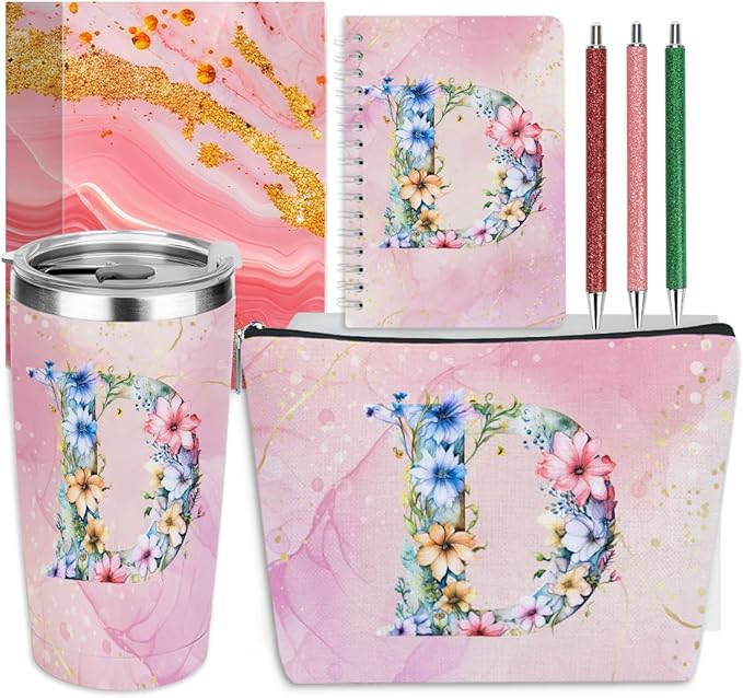 Personalized Gifts Monogrammed Birthday Gifts for Women, Boss Teacher Appreciation Christmas Initial 20 oz Tumbler, Makeup Bag Cup Ballpoint Pens Journal Notebook 6 Set, (Aesthetic Pink Flower D)