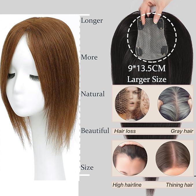 Hair Toppers for Real Human Hair, 360° 3D Human for Women with Thinning Hair Upgrade Middle Part Clip in Bangs Pieces for Women Daily (Light Brown, 14 Inch-3D-Side)