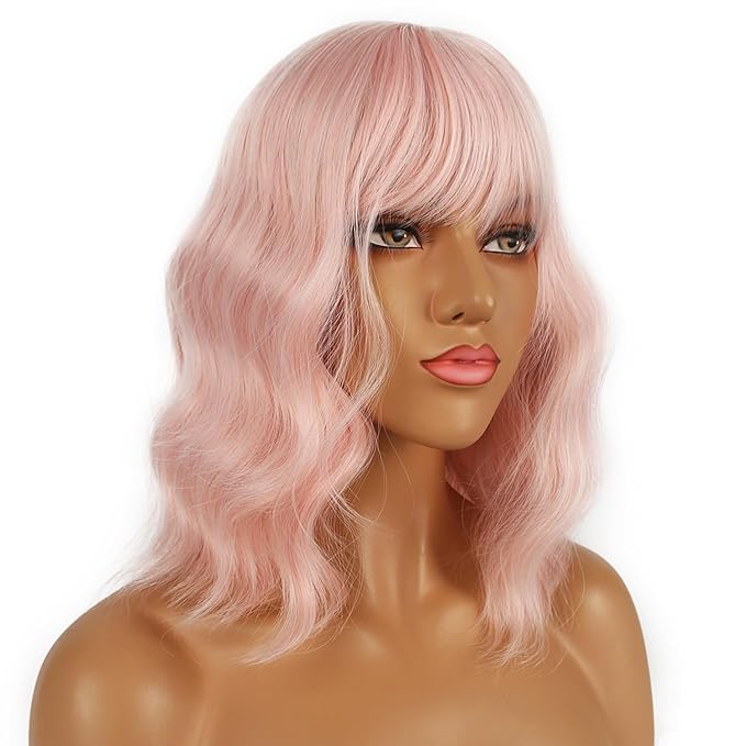 Short Bob Wigs with Bangs for Women Loose Wavy Wig Curly Wavy Shoulder Length Bob Synthetic Cosplay Wig for Girl Colorful Costume Wigs (Peach Fuzz)