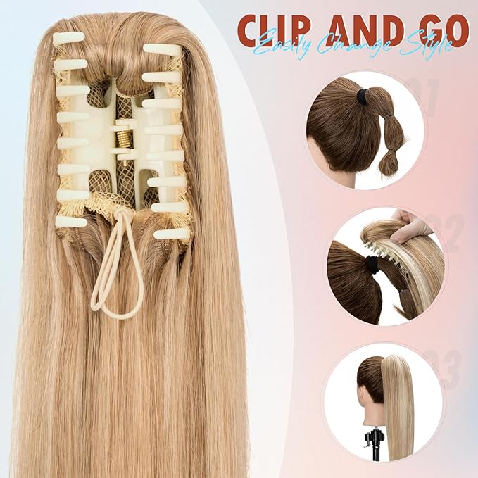 Hairro Claw Clip Ponytail Human Hair Extensions Jaw On Ponytails Remy Long Straight Jaw/Claw Clips Pony Tail Hairpieces For Women 20 Inch 120g #27 Dark Blonde