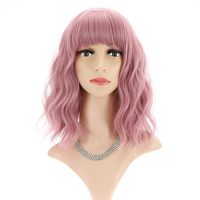 FAELBATY Short Curly Wavy Pink Wigs with Bangs Shoulder Length Synthetic Wig for Women and Girls Costume Cosplay Wigs(12" Pink)