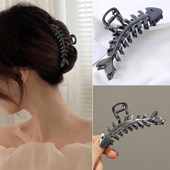 Black Metal Fishbone Hair Clip, 1Pcs - Big Fish Shaped Hair Claw Clips for Women and Girls, Secure Hair Styling and Accessories