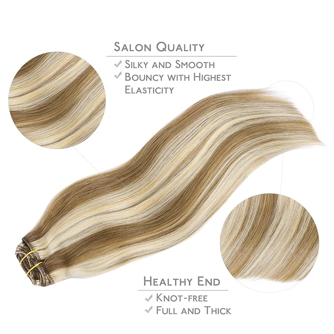 WENNALIFE Clip in Hair Extensions Real Human Hair, 22 Inch 120g 7pcs Ash Brown with Platinum Blonde Highlights Hair Extensions Clip in Human Hair Remy Straight Natural Extensiones
