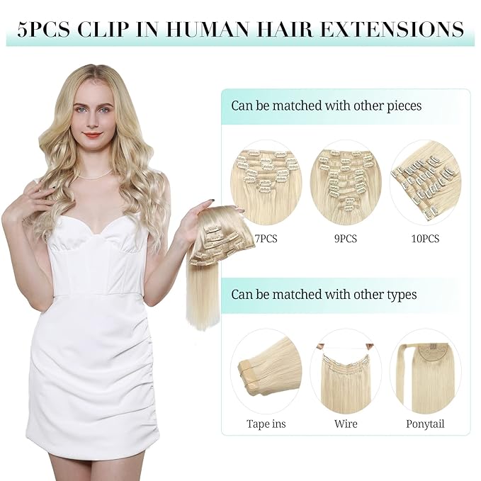 DOORES Human Hair Extensions Clip in, 5pcs 75g Balayage Light Blonde Highlighted Golden Blonde 16 Inch Clip in Hair Extensions Natural Hair Extensions Straight
