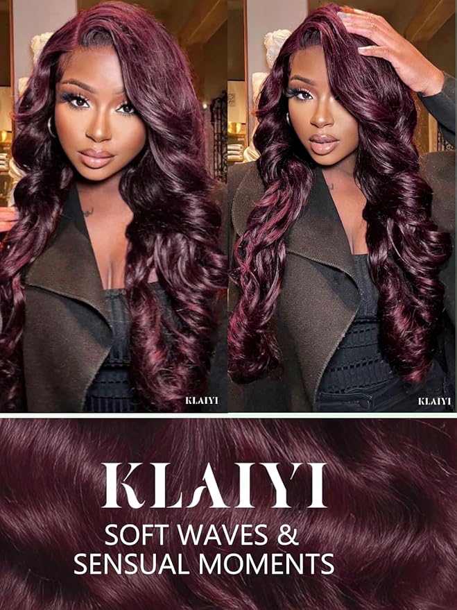 KLAIYI Black Cherry Loose Body Wave Bye Bye Knots Glueless Wig 7x5Precut Lace Front Wigs Human Hair Drawstring Pre Plucked Bleached 30S Ready to Wear and Go Wig with Face Framing Bangs Burgundy 18Inch