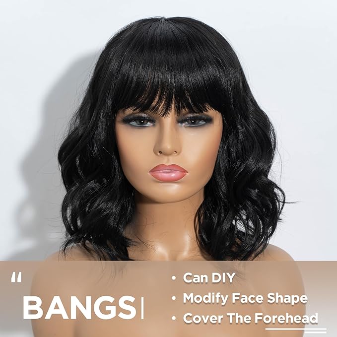 NOBLE Black Bob Curly Wavy Wig with Bangs for Women, Natural, Heat Resistant Synthetic Fiber Wig for Daily Party Cosplay Costume
