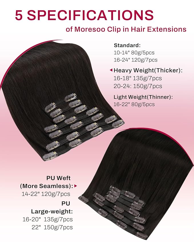 Moresoo Clip in Hair Extensions Remy Double Weft Human Hair Clip in Extensions Straight Hair Extensions for Women Dark Brown #2 7pcs 150g 20inch