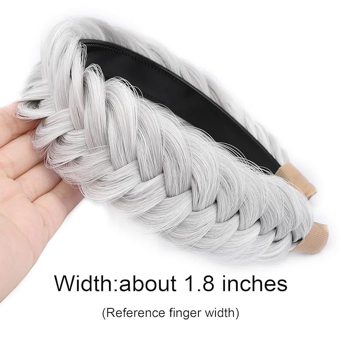 DIGUAN Wide Messy Braided Headband With Teeth Synthetic Hair Plaited Headband High Elasticity Braids Chunky Fishtail Braided Hair Band Hairpiece for Girls Women (White Gray)