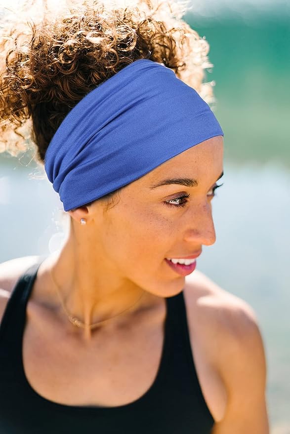 GiLi 2 Pack Wide Headbands for Women Boho African Knotted Non Slip Fashion Hair Bands Yoga Running Sports Workout Gym Head Wraps Elastic Soft Cotton Cloth Turbans Bandana for Girls(Black, Blue)