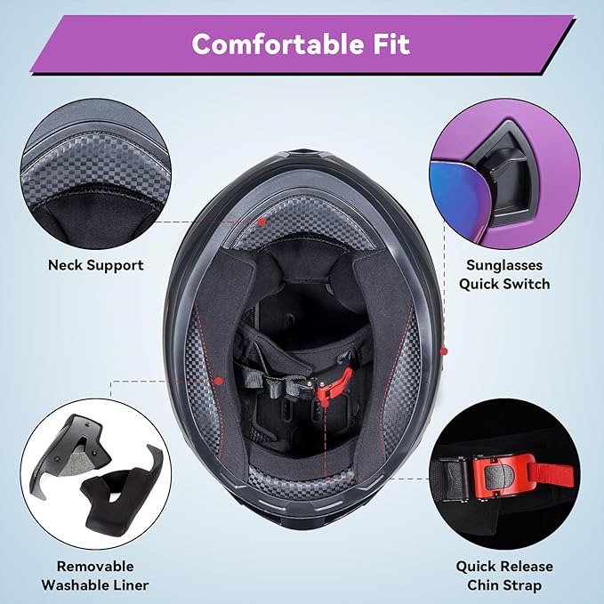 Full Face Motorcycle Helmets for Adult Men Women, DOT Approved Street Bike Racing Helmet Dual Visor Quick Release Buckle, Motorbike ADV Moped Helmet with Extra Clear Visor