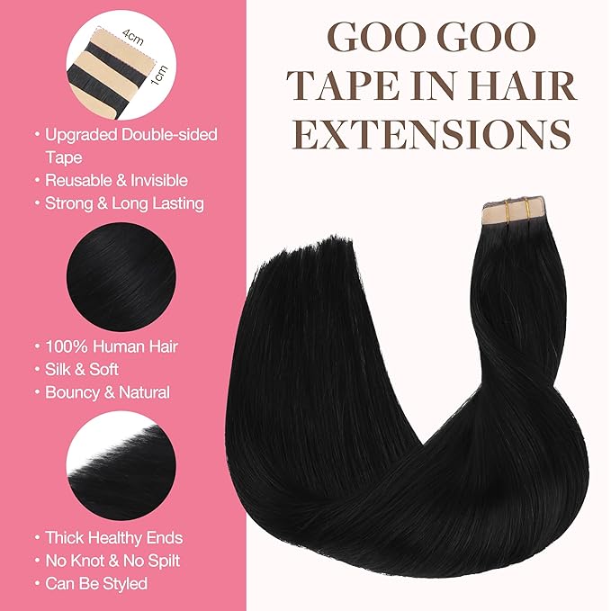 GOO GOO Tape in Hair Extensions Human Hair, 1 Jet black, 22inch 100g 40pcs, Skin Weft Seamless Invisible, Silky Straight with Thick Ends, Remy Human Hair