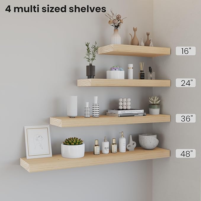 Natural Wood Floating Shelves 24”x 8”x 1.4” Book Shelf Floating for Wall Mounted, Heavy Duty Shelf Hold 60 lbs, Unfinished Wall Shelves for Bathroom, Living Room, Kitchen, Bedroom, Office