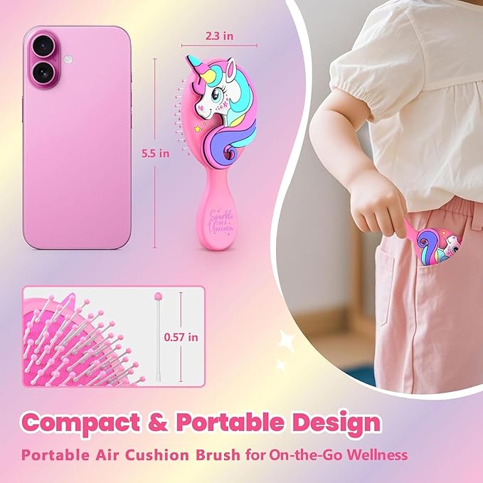 Toddler Hair Brush for Toddler Girls & Kids Ages 2-4+, Pink Mini Unicorn Hairbrush, Gentle Detangling brush, Wet & Dry Hair, Soft Ball-Tip Bristles for Sensitive Scalp, Travel-Friendly