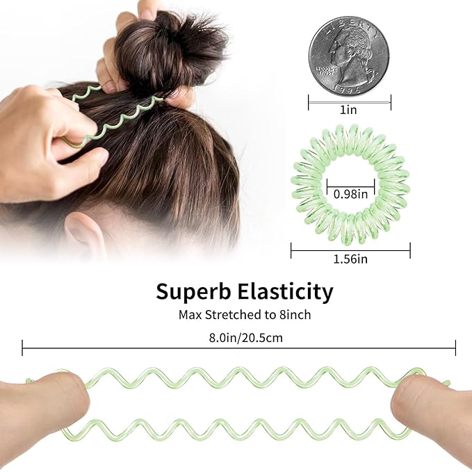 16Pcs Spiral Hair Ties, (Clear Colourful) Hair Elastic Coils for Women and Girls, Waterproof Phone Cord Hair Scrunchies Accessories Bands for Ponytails and Updos