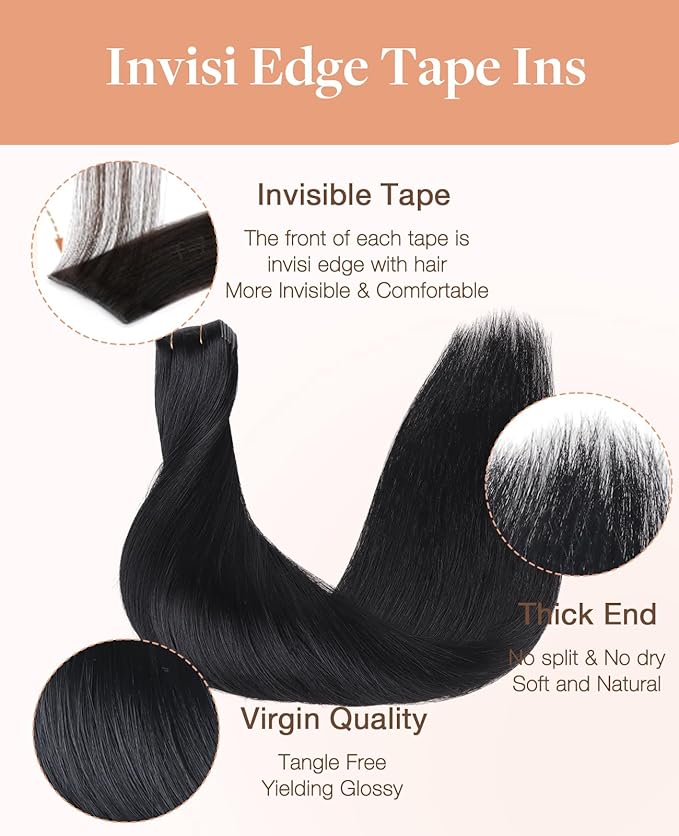 GOO GOO Invisi Edge Tape in Hair Extensions Human Hair, 1 Jet black, 10pcs 18inch 25g, Virgin Remy Hair, Seamless Injected Tape, Natural Look