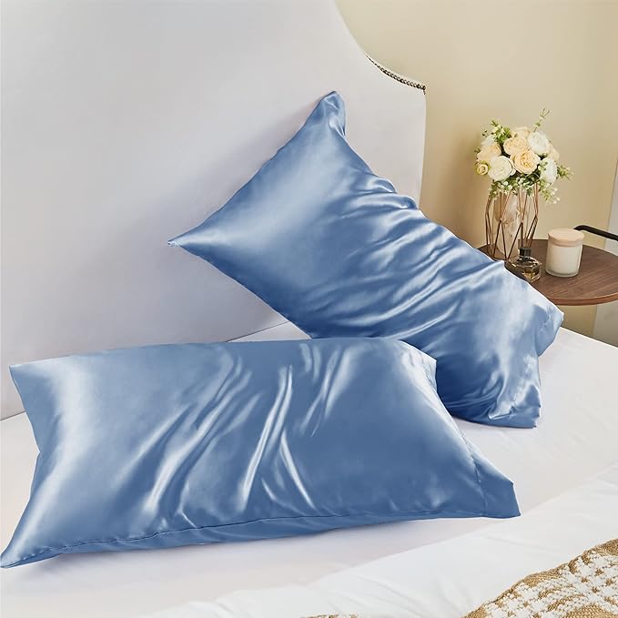 BEDELITE Satin Pillowcase for Hair and Skin, Super Soft and Cooling Similar to Silk Pillow Cases 2 Pack with Envelope Closure, Gift for Women Men(20"x30" Queen Size, Airy Blue)
