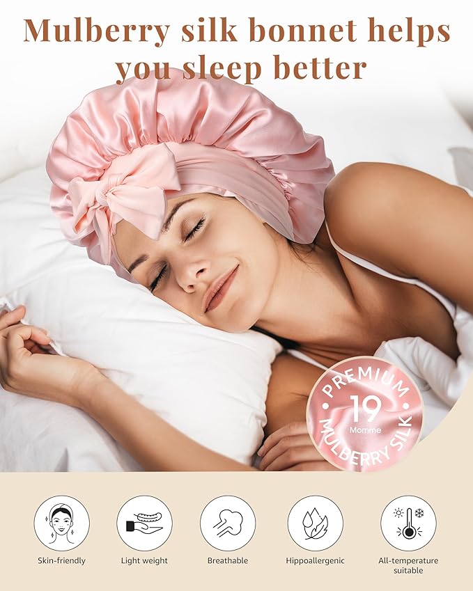 AWAYTR Silk Bonnet for Sleeping Women 100% Mulberry Silk Bonnet with Band 2 Layer Reversible Hair Bonnet Sleeping Hair Wrap (Pink/Beige)