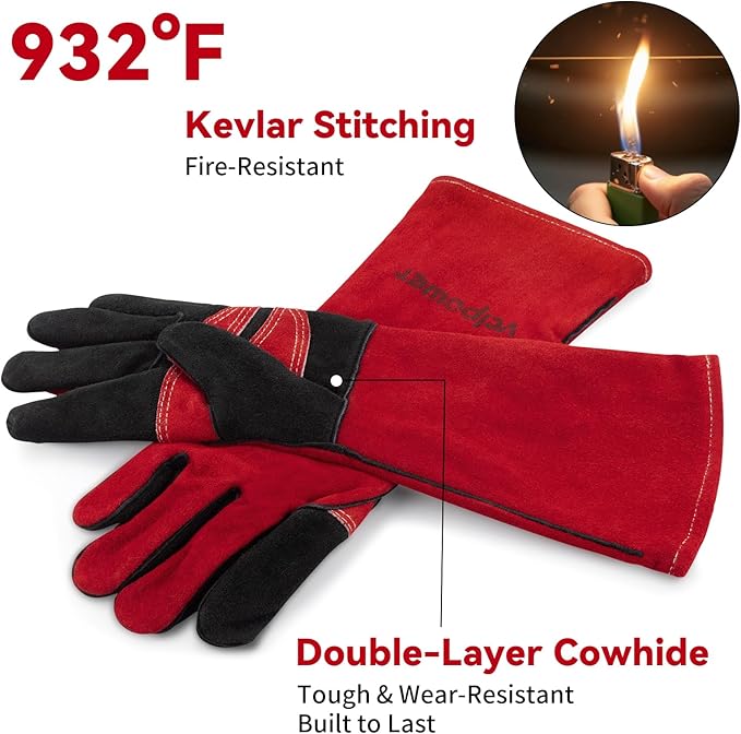 Gloves Fire Heat Resistant: 16IN 932°F Fireproof Leather for Welding Fire Pit Wood Stove Campfire Furnace BBQ Baking,Grill Oven Stick Mig Tig Gear Gift for Man XL