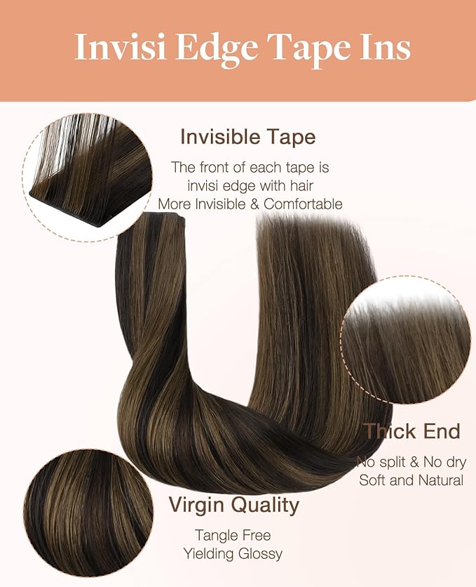 GOO GOO Invisi Edge Tape in Hair Extensions Human Hair, 2/6 Dark Brown Highlighted Chestnut Brown 10pcs injected with 10pcs classical tape ins, 24inch 50g, Virgin Remy Hair, Natural Look