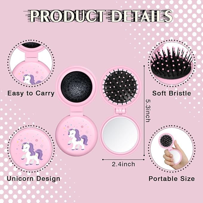12 Pcs Unicorn Mini Detangler Brush, Folding Mirror Hair Brushes, Mini Travel Hair Brush, No Tangle Soft Flexible Bristles for Straight, Curly, Thick Hair for Party Gift
