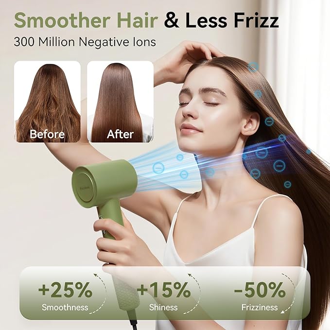 Diffuser Hair Dryer Professional with Temperature Control, Ionic Technology, Low Noise (Green with Diffuser Nozzle)