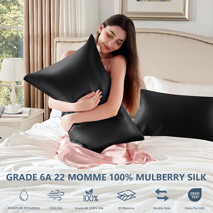 Silk Pillow Cases Standard Size 100% Mulberry Silk Pillowcase for Hair & Skin 22 Momme Both Sided Grade 6A Silk Cooling Soft Breathable 20 x 26 Inches with Hidden Zipper 1PC, Black