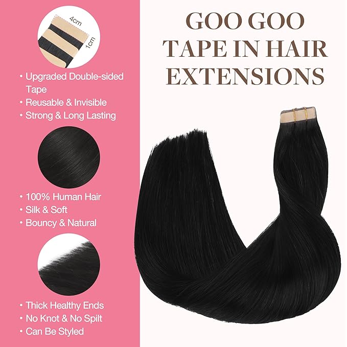 GOO GOO Tape in Hair Extensions Human Hair, 1 Jet black, 18inch 25g 10pcs, Skin Weft Seamless Invisible, Silky Straight with Thick Ends, Remy Human Hair