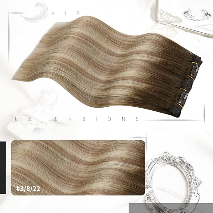 Moresoo Balayage Clip in Hair Extensions Real Human Hair Brown to Light Brown with Golden Blonde Double Weft Clip in Human Hair Extensions 7Pieces 120Grams 24inch